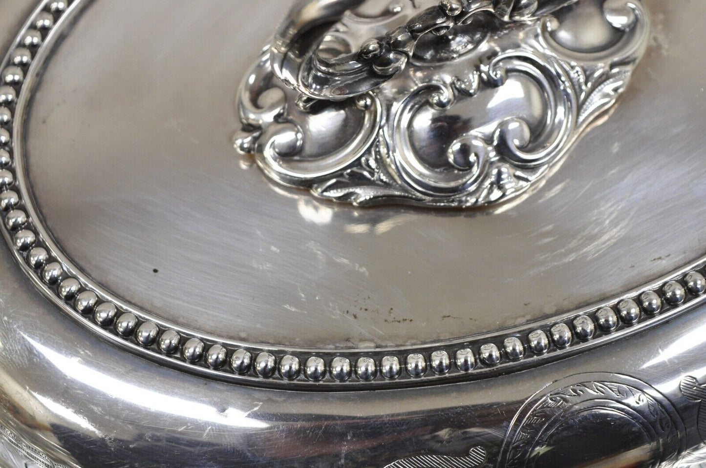 Antique English Victorian Scrollwork Engraved Covered Vegetable Serving Dish