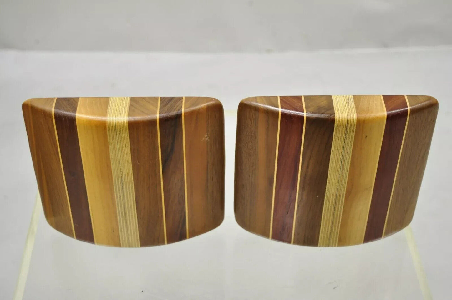 Vintage Mid Century Modern Solid Wood & Inlay Curved Modernist Bookends - a Pair