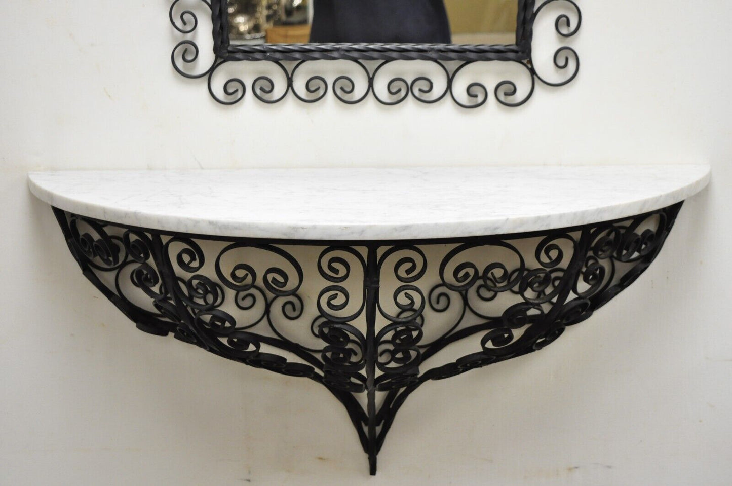 Antique French Art Nouveau Scrolling Wrought Iron Wall Mount Console and Mirror