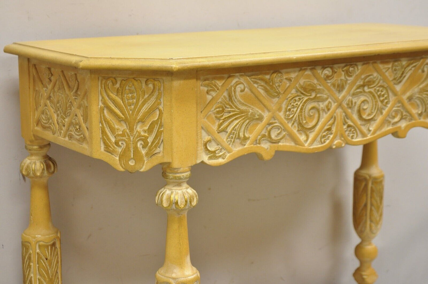 Gothic Renaissance Revival Painted Hall Altar Console Table Chair Set - 4 Pc Set