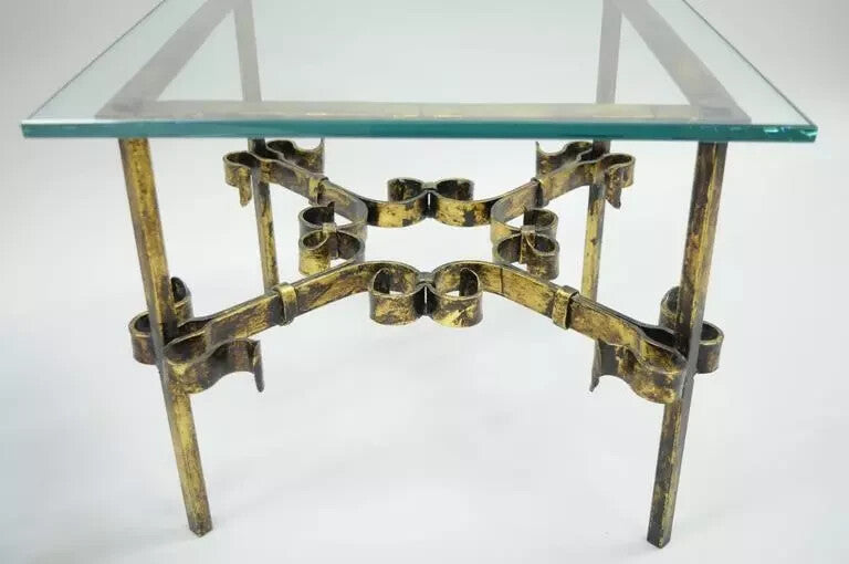 Vintage Spanish Hollywood Regency Gold Gilt Iron Square Glass End Tables - Pair