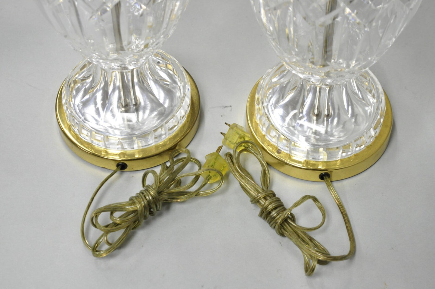Vintage Waterford Cut Crystal Leaded Glass Urn Form Brass Table Lamps - a Pair