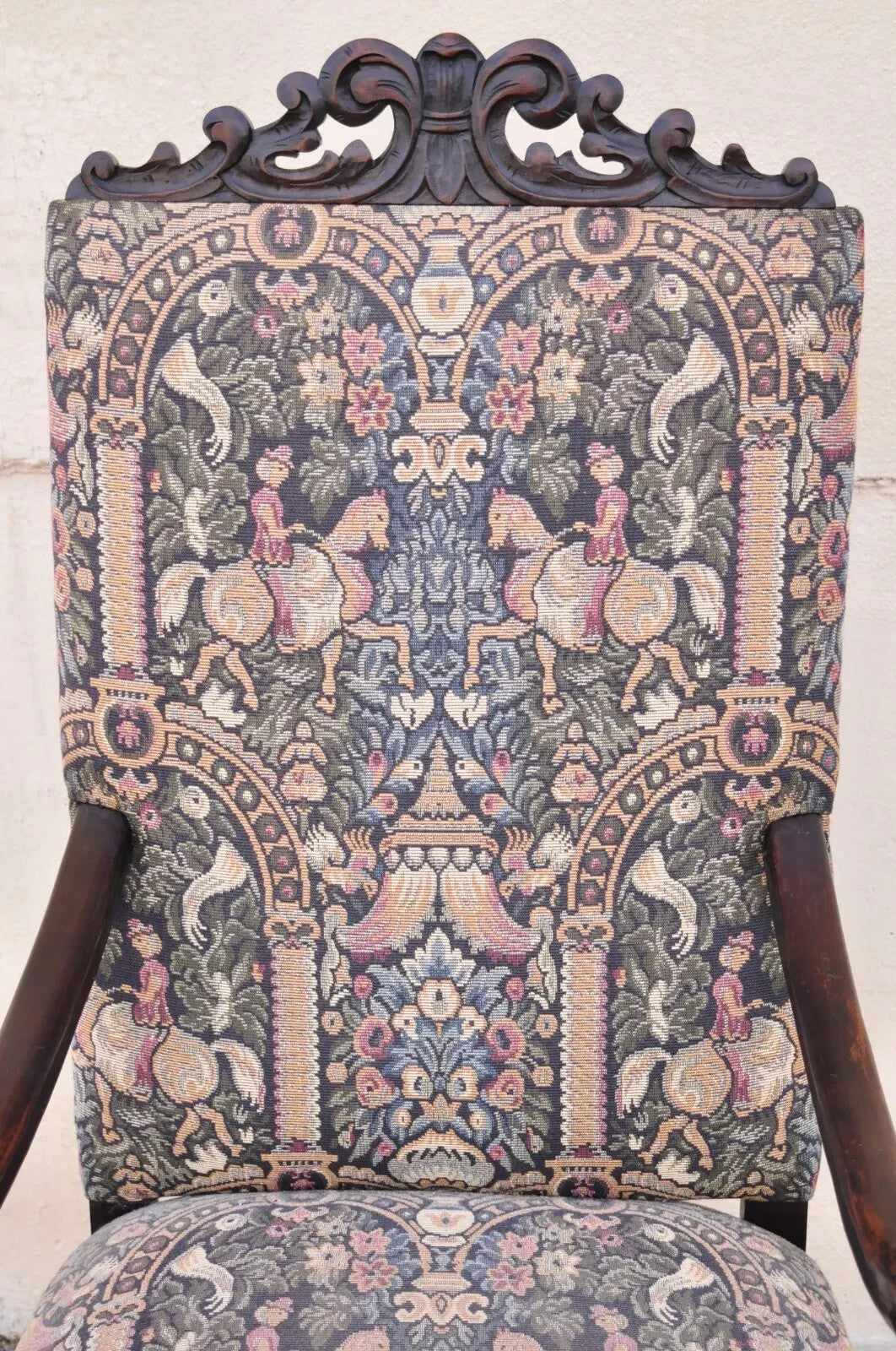 Antique Italian Renaissance Baroque Tapestry Carved Walnut Throne Arm Chair