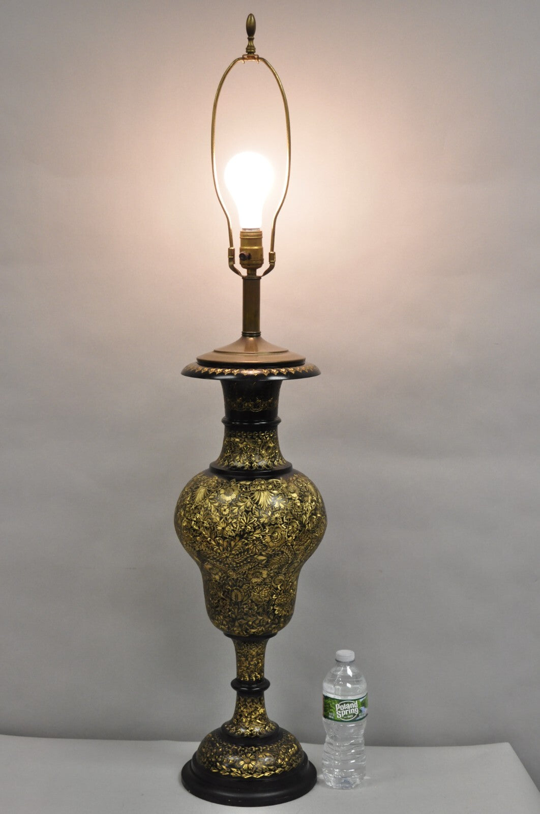 Vintage Syrian Anglo Indian Ornate Floral Etched Brass Tall Table Lamp