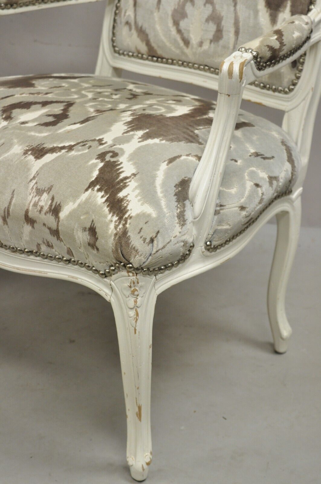 Vintage French Country Louis XV Style White Distress Painted Arm Chairs - a Pair
