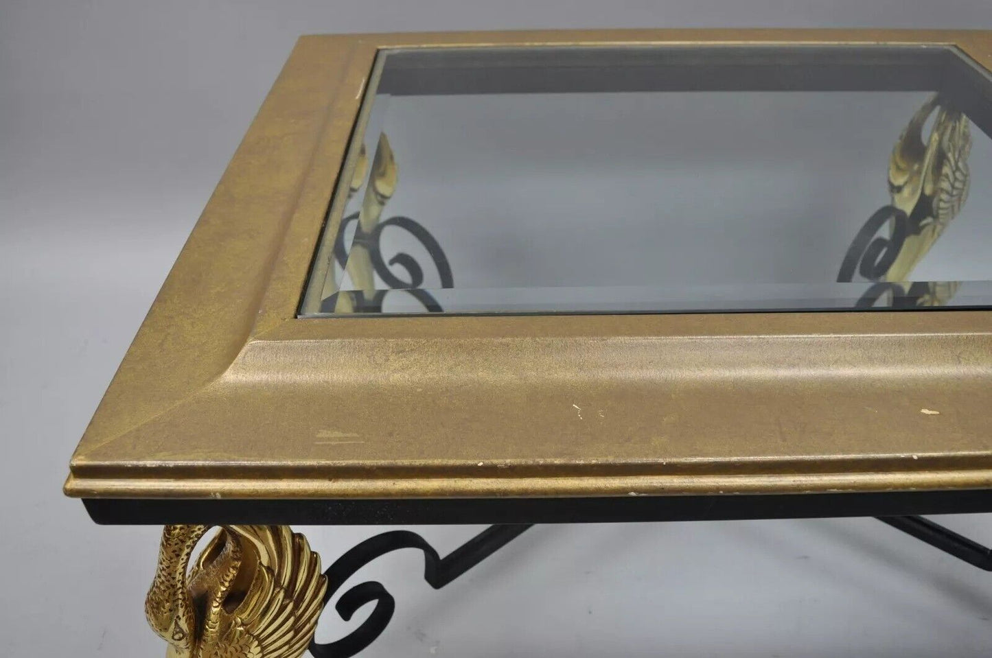 Regency Style Figural Swan Base Rectangular Iron and Glass Gold Coffee Table (A)