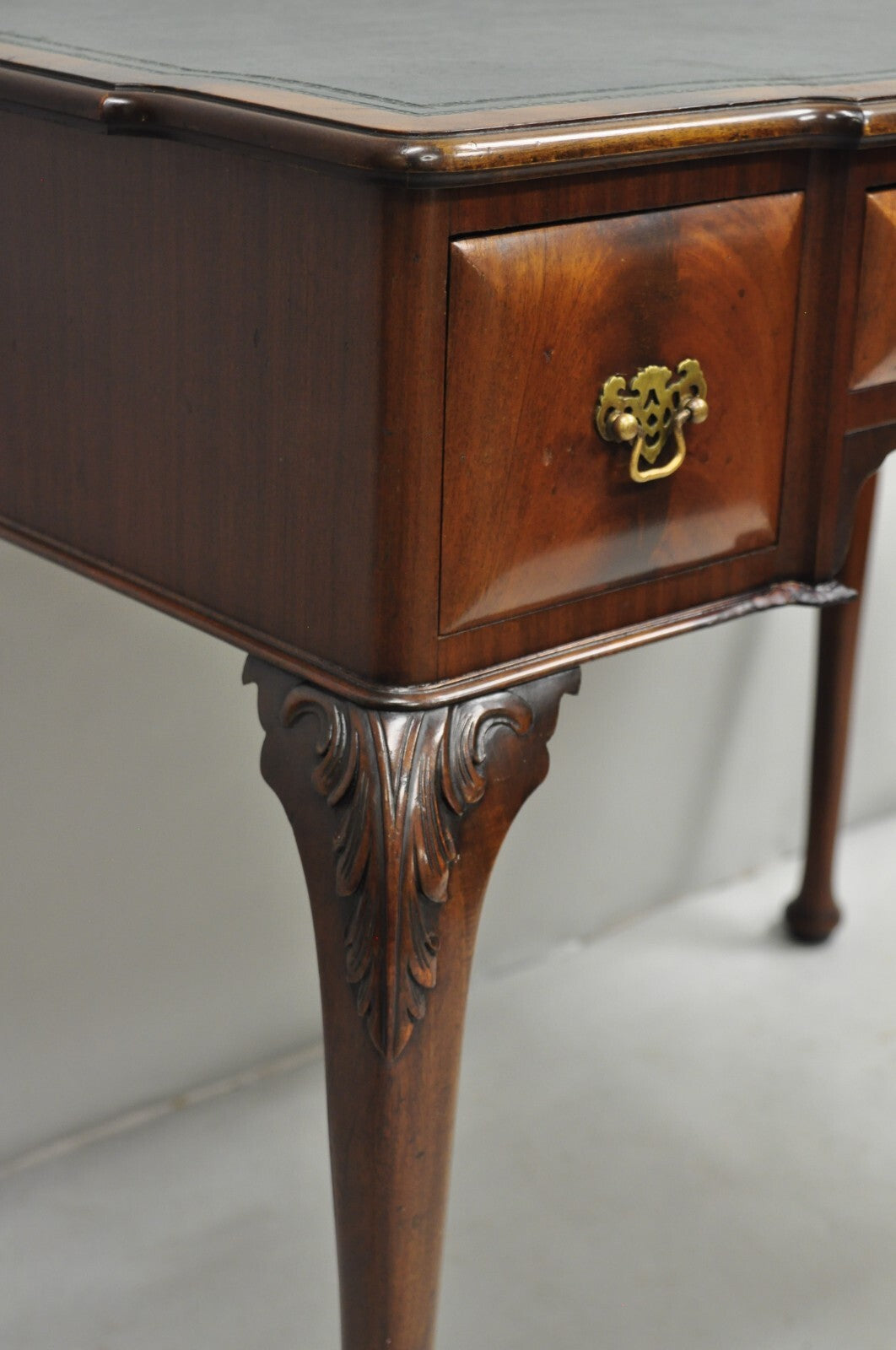 Antique English Georgian Crotch Mahogany Green Leather Top Small Writing Desk