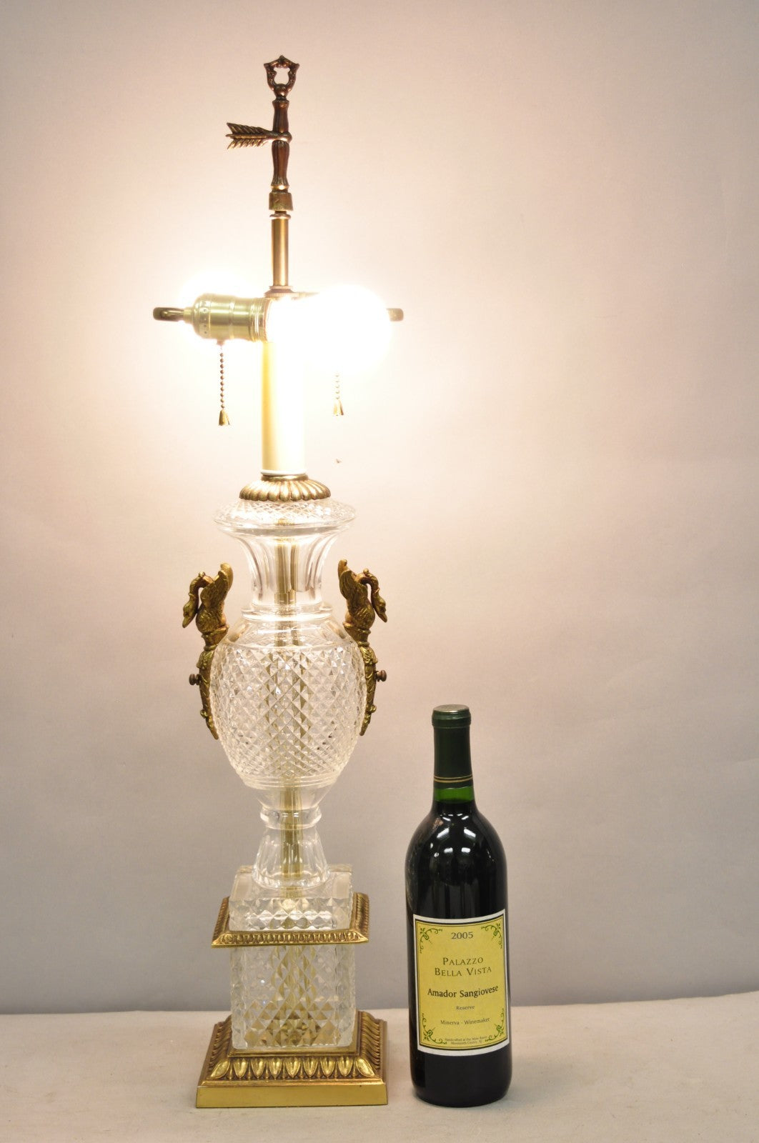 French Empire Regency Baccarat Style Glass Crystal Urn Table Lamp w/ Brass Swans