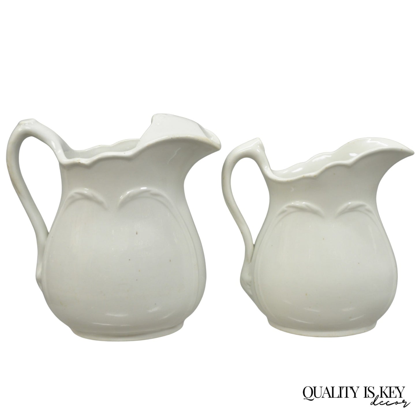 Vintage English Ironstone White Farmhouse Milk Water Pitchers - Set of 2