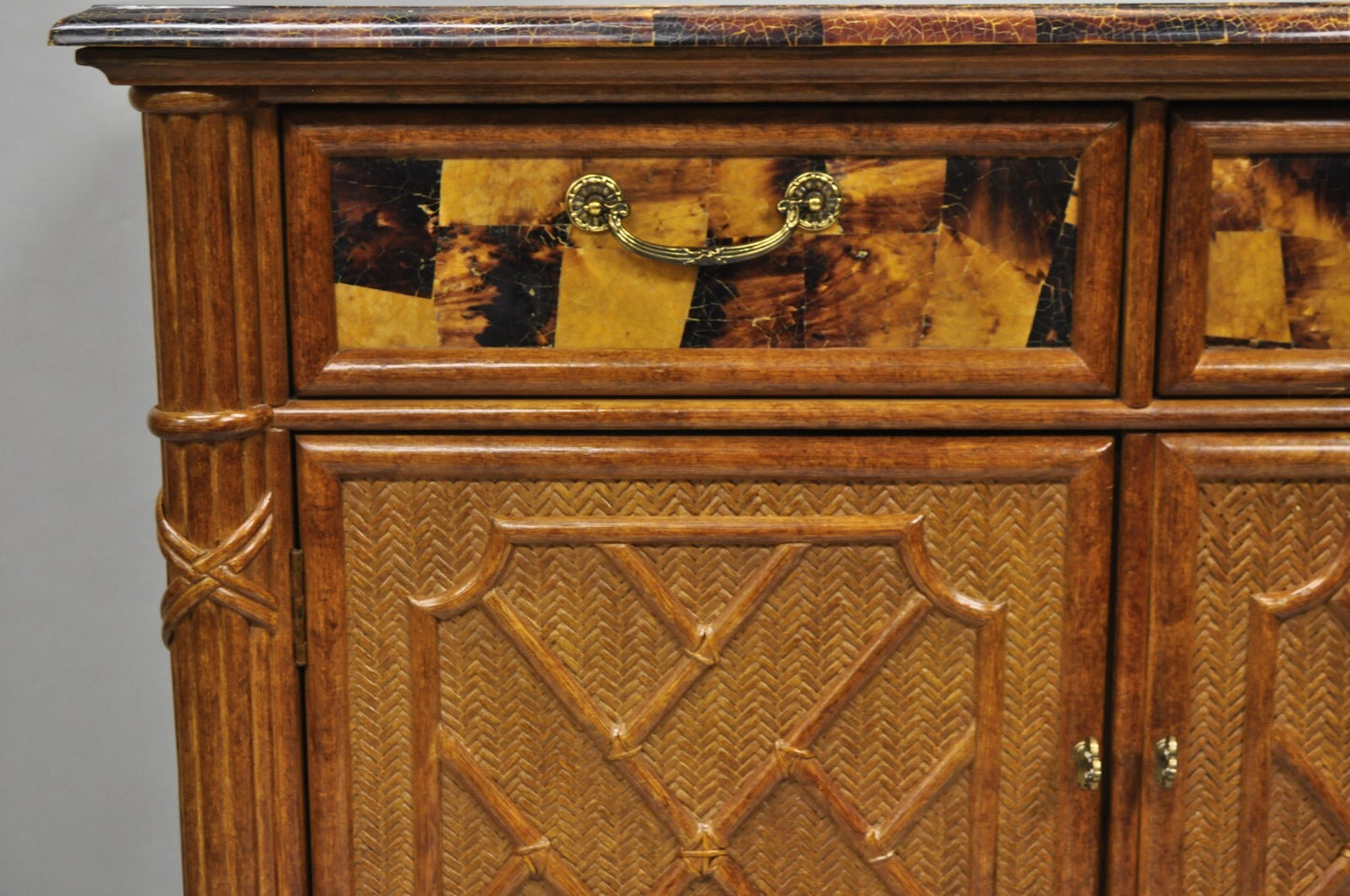 Chinese Chippendale Faux Bamboo Rattan Tortoiseshell Server Buffet Bar Cabinet