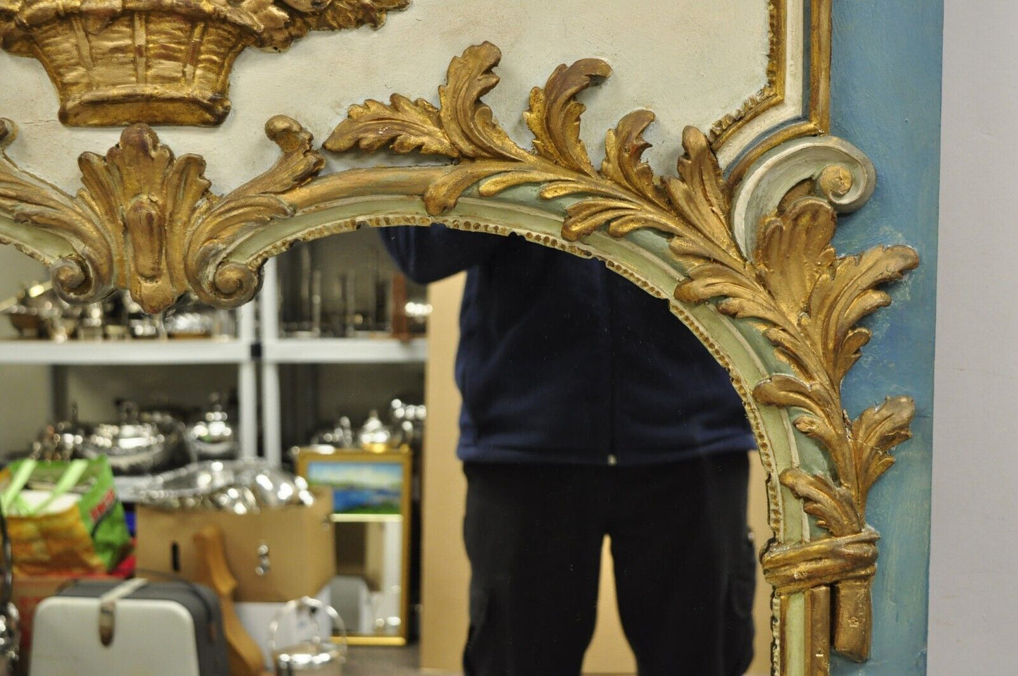 Antique French Louis XV Style Floral Bouquet Blue Distress Painted Wall Mirror