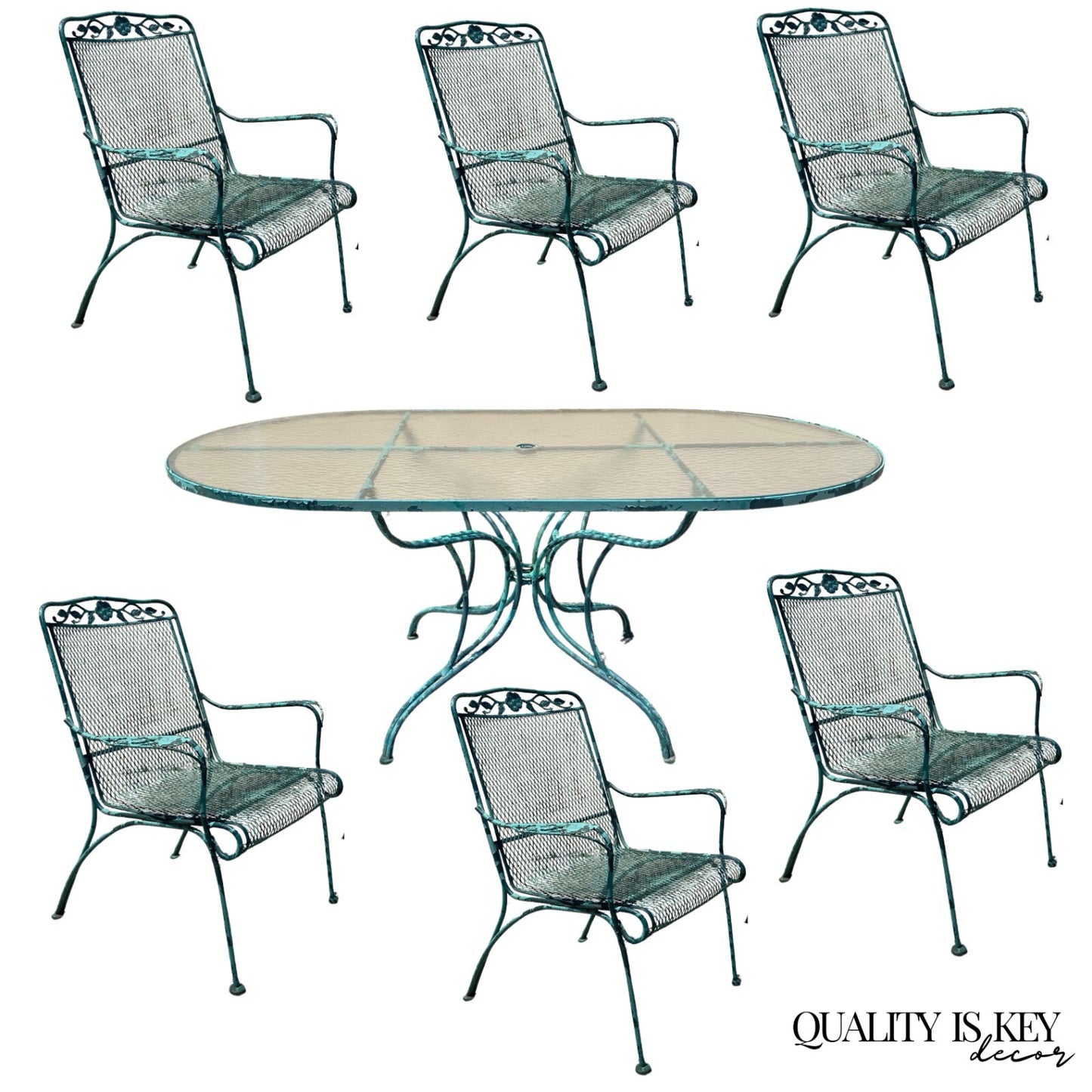 Vintage Woodard Wrought Iron Patio Dining Set w/ Long Oval Dining Table - 7 Pcs