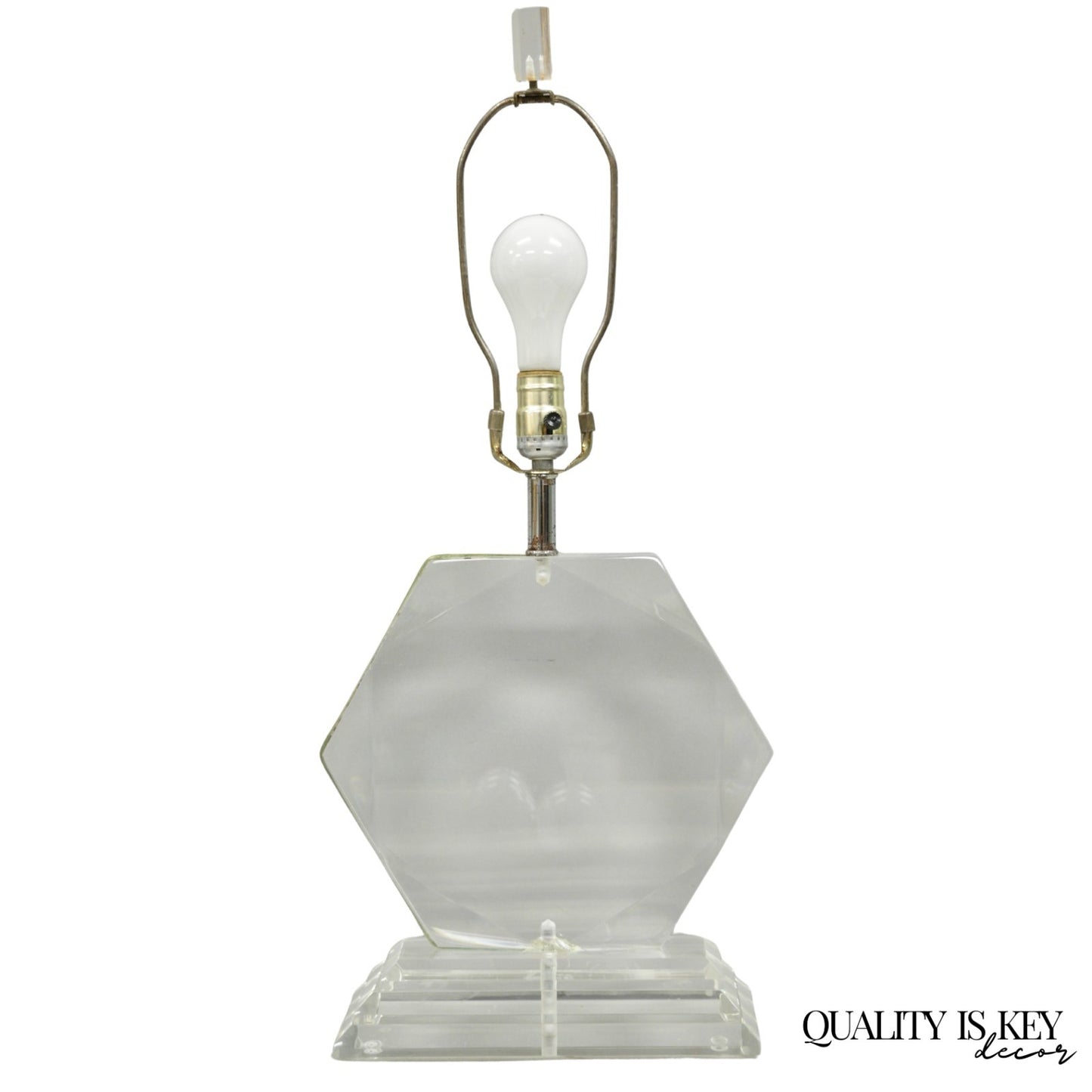 Vintage Mid Century Modern Faceted Hexagon Diamond Clear Lucite Table Lamp