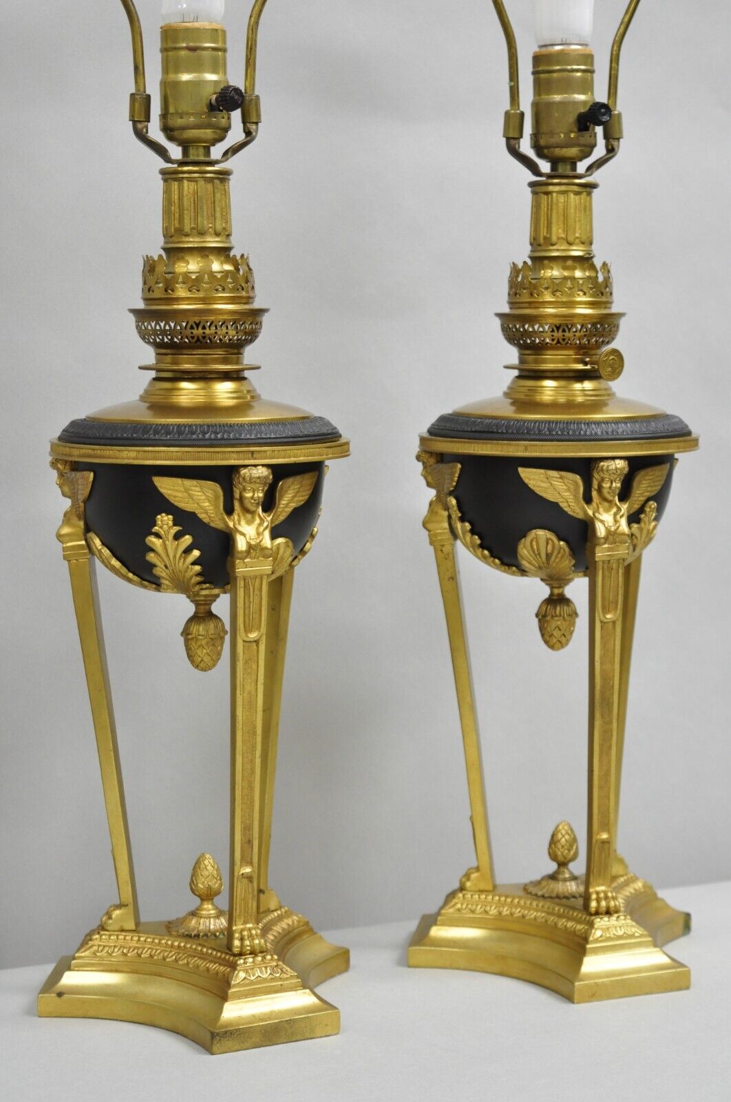 Vintage French Empire Style Figural Woman Black & Gold Brass Table Lamps - Pair
