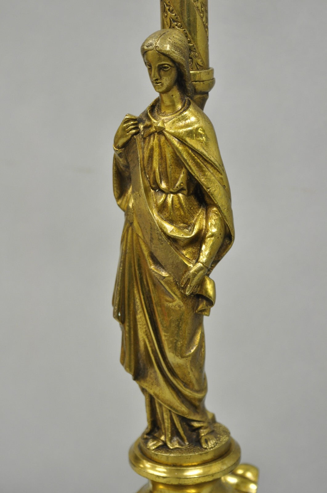 Antique French Empire Renaissance Bronze Maiden Candlestick Table Lamp