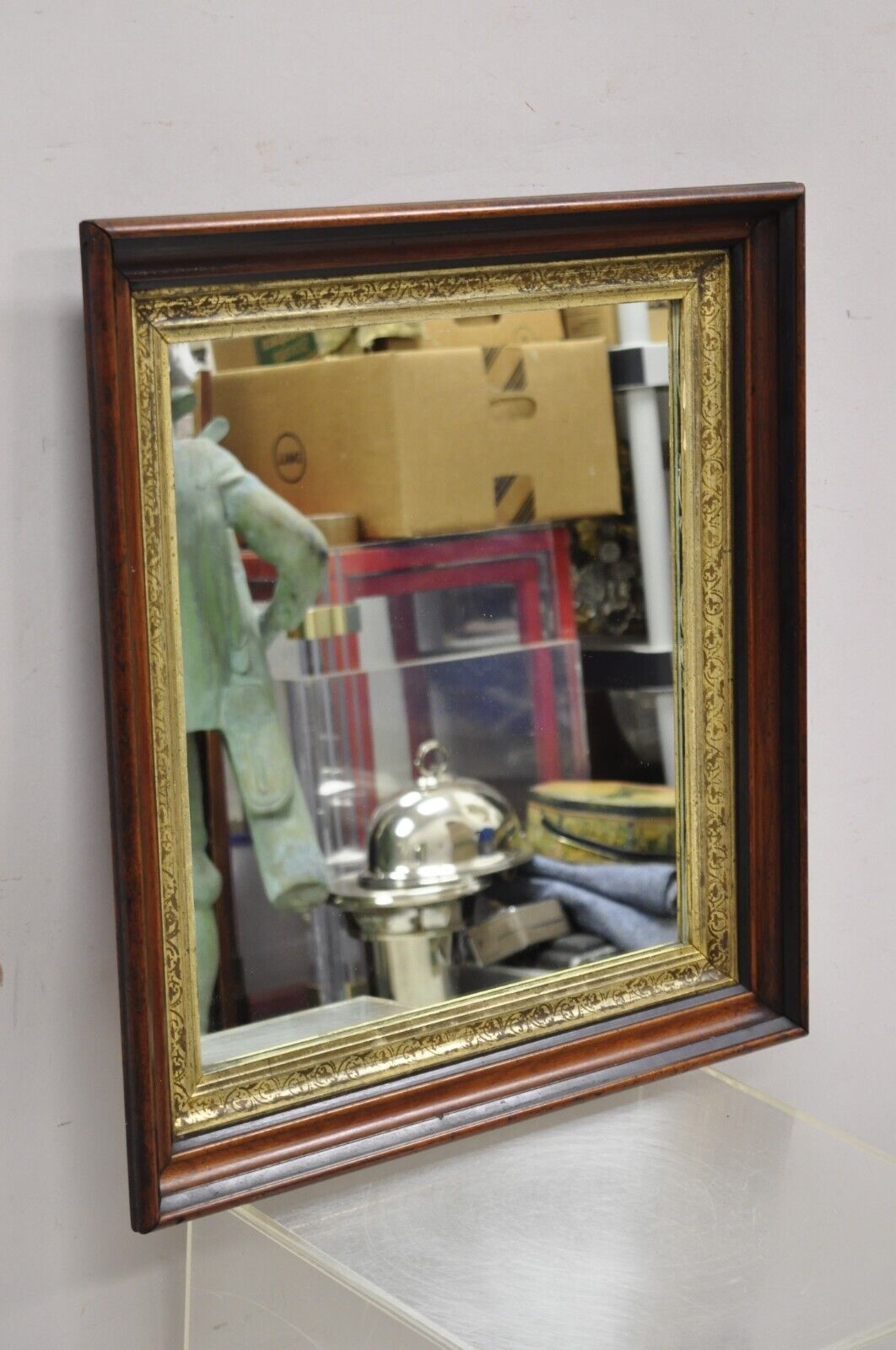 Antique Victorian Aesthetic Deep Shadow Box Mahogany Frame Wall Mirror 24 x 22.5