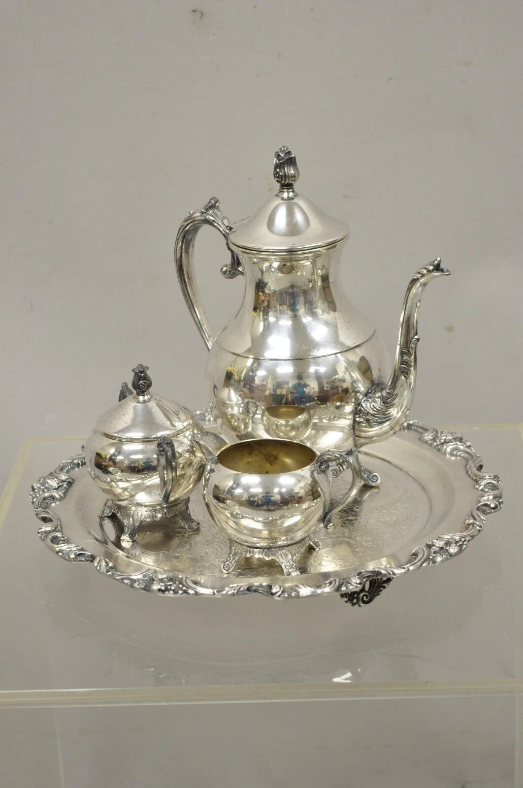 Vintage FB Rogers Silver Plated Tea Set w/ Amston Round Serving Tray - 4 Pc Set
