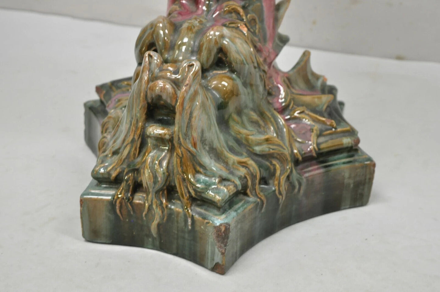 Antique Majolica Terracotta Pottery Dolphin Serpent Pink Plant Stand Pedestal