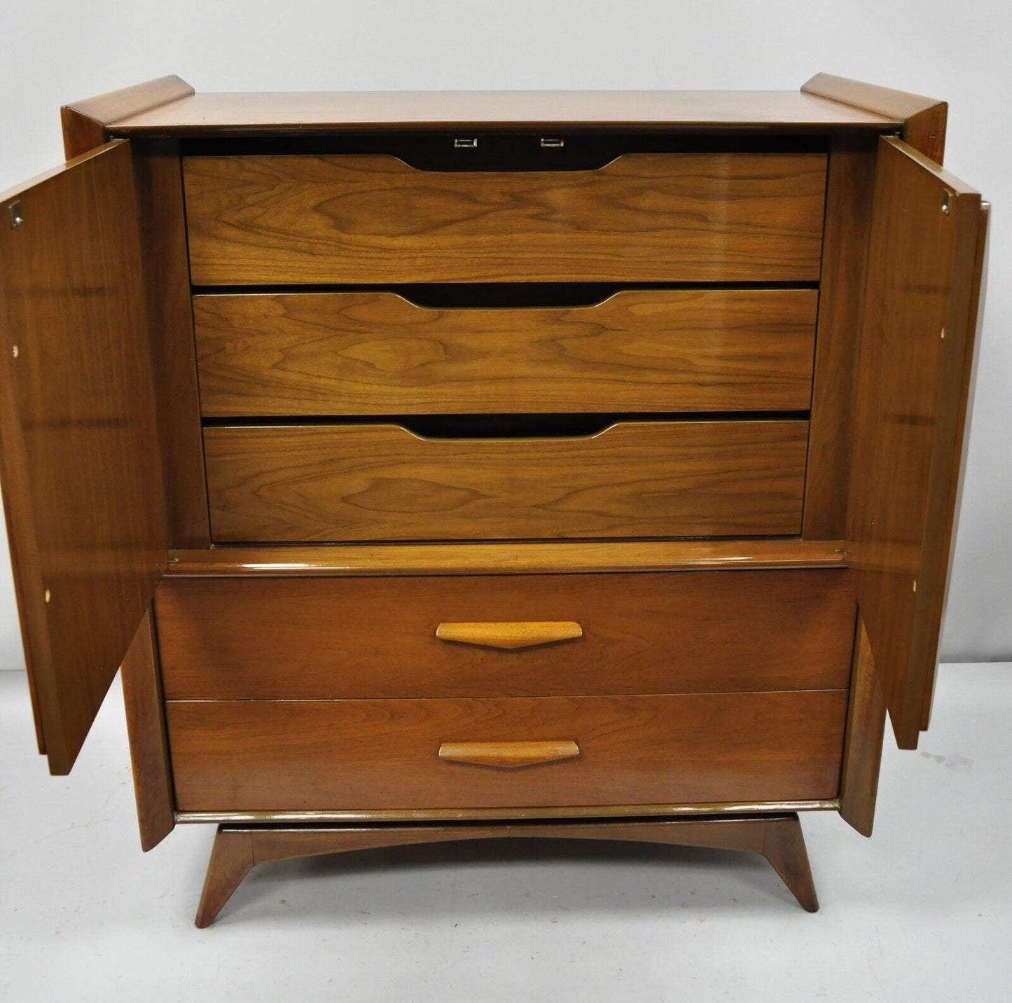 Vintage Mid Century Modern Sculpted Angled Walnut Highboy Tall Chest Dresser