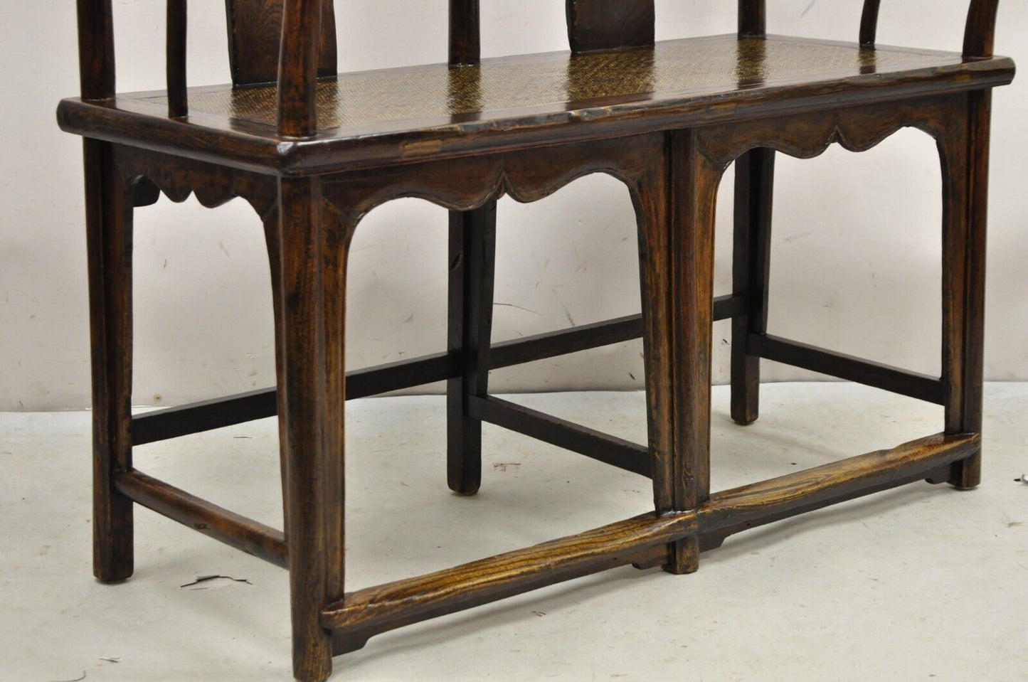 Vintage Chinese Elm Lacquered Cane Double Chairback Hall Bench Settee Sofa
