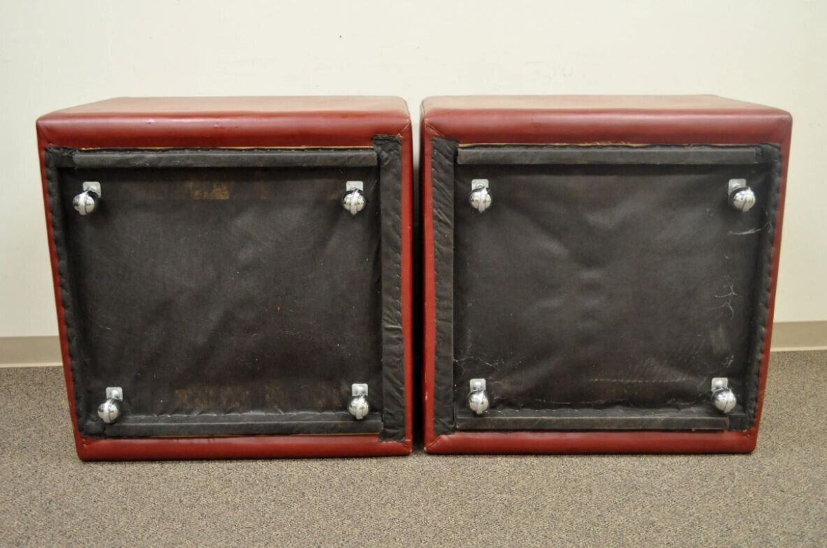 Mid Century Modern Red Leather Cube Club Lounge Chairs on Casters - a Pair