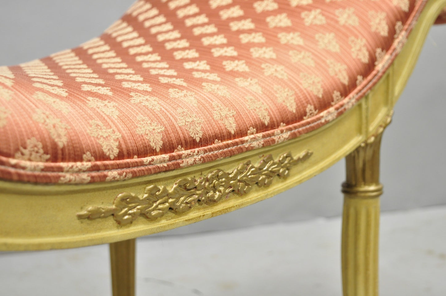Vintage French Hollywood Regency Cream & Gold Wood Pink Waterfall Vanity Bench