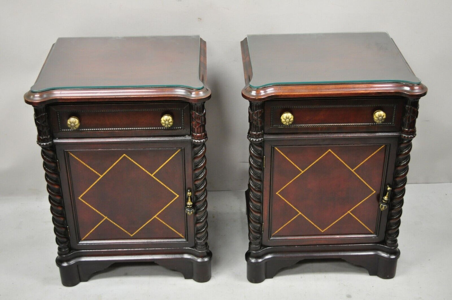 Vtg Mahogany Hollywood Regency Leather Door Nightstands Bedside Tables - a Pair