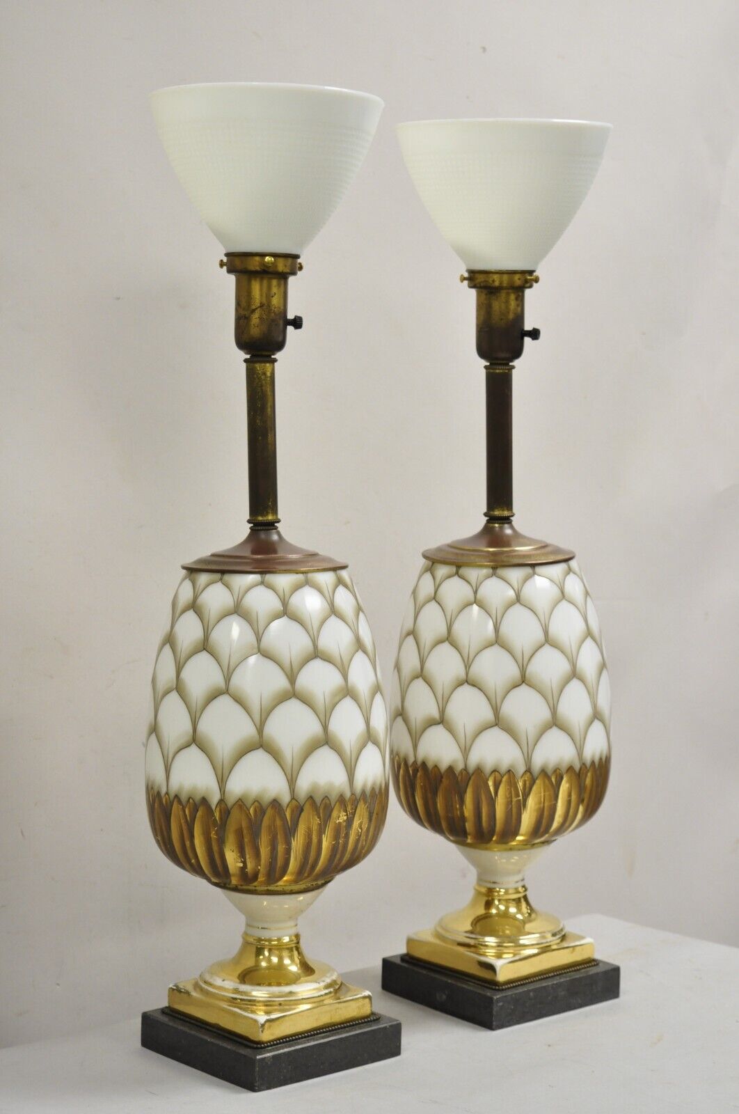 Vintage Italian Hollywood Regency Hand Painted Glass Pineapple Table Lamp - Pair