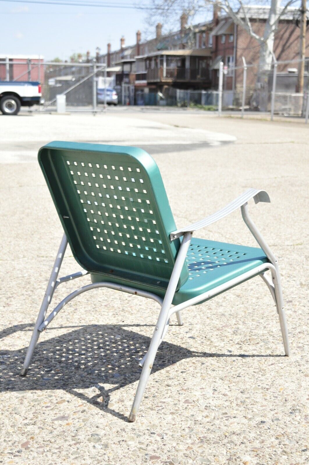 Vintage Green Metal Aluminum Basket Weave Patio Porch Outdoor Arm Chair