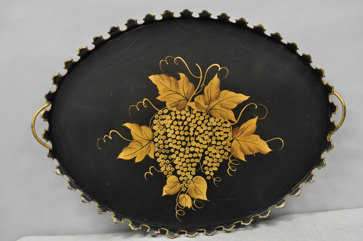 Vintage French Country Black and Gold Hand Painted Oval Toleware Serving Tray