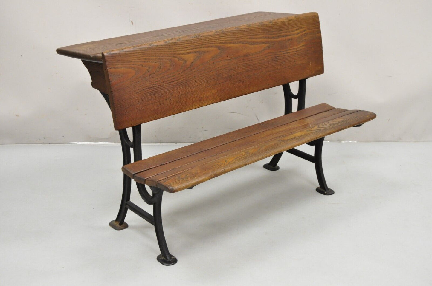 Antique Victorian Wood & Cast Iron Children's School Desk w/ Folding Bench Seat