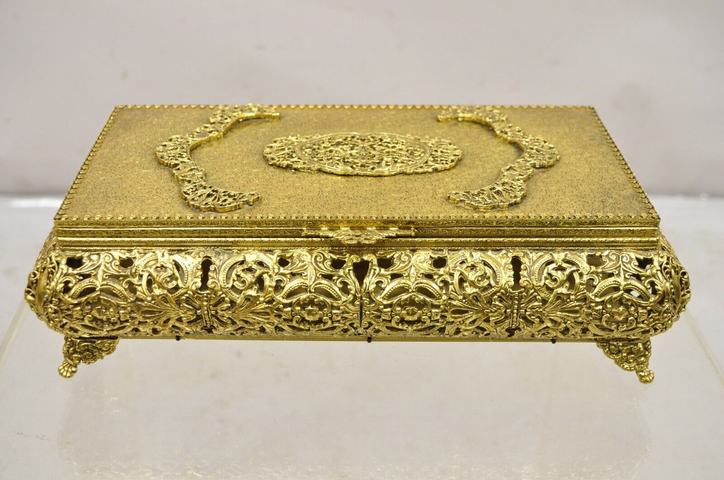 Vtg French Hollywood Regency Style Gold Filigree Vanity Jewelry Box by Globe
