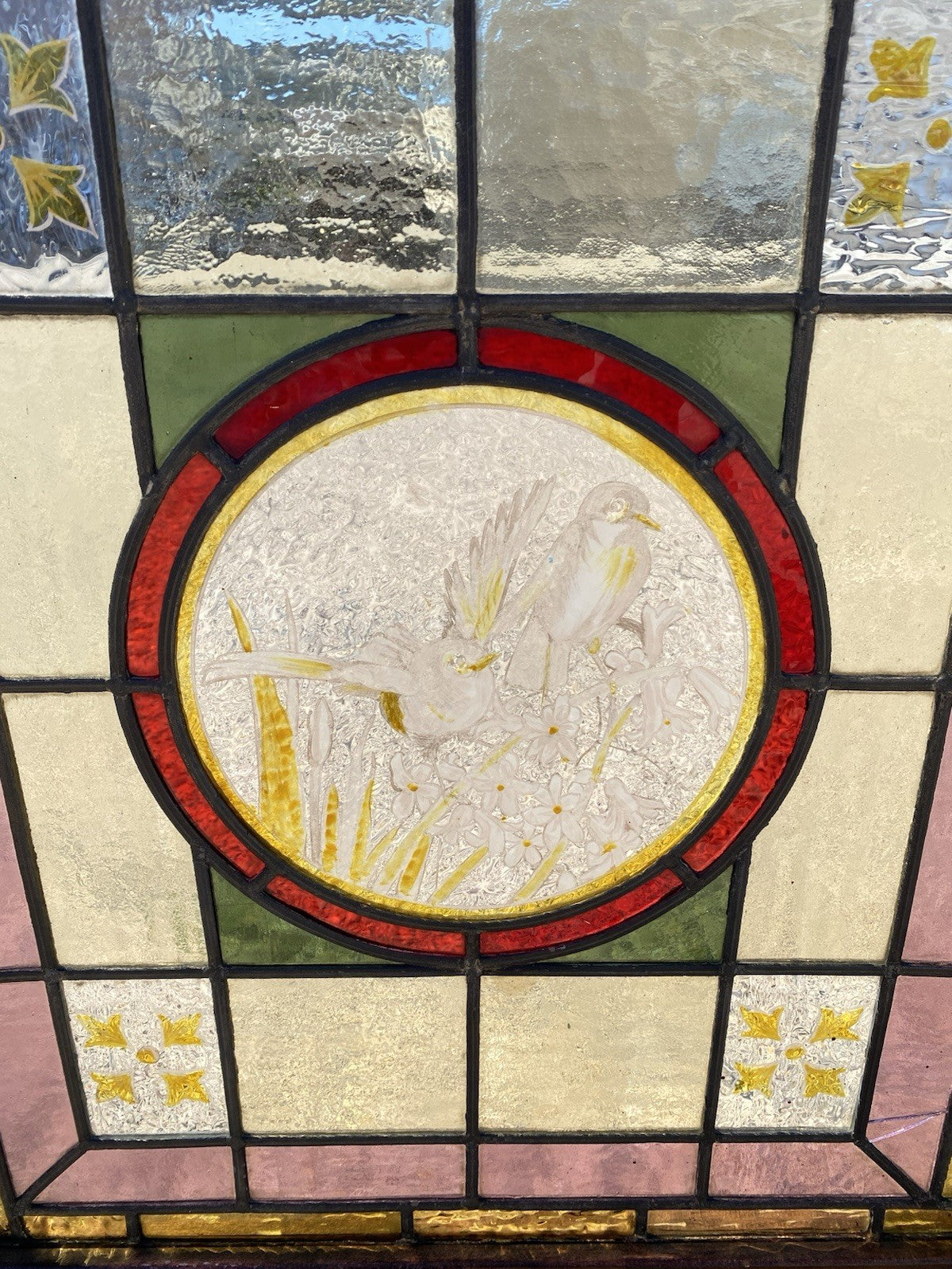 Antique French Art Nouveau Stained Leaded Glass Windows with Birds - a Pair