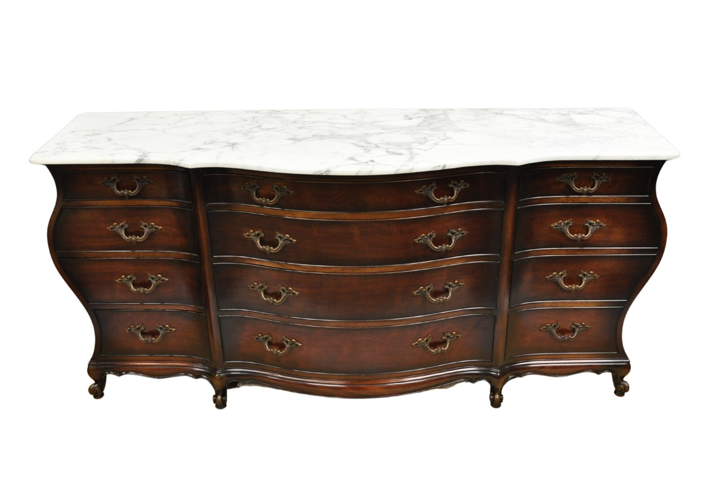 Vintage J. Zonan French Regency Mahogany Marble Top 12 Drawer Triple Dresser