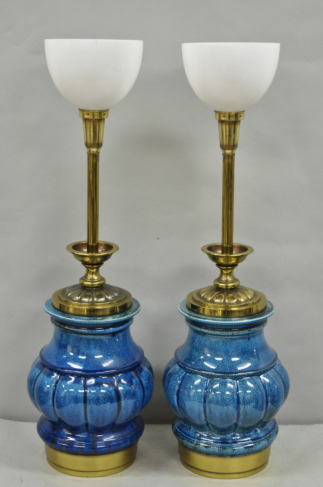 Stiffel Mid Century Modern Blue Crackle Glazed Ceramic Brass Table Lamps