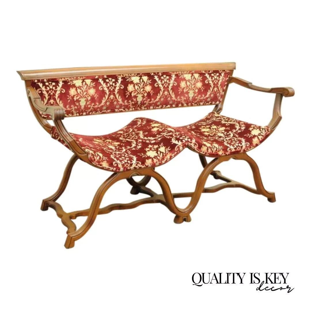 Vintage Italian Renaissance Style Double Curule X-Frame Settee Savonarola Bench