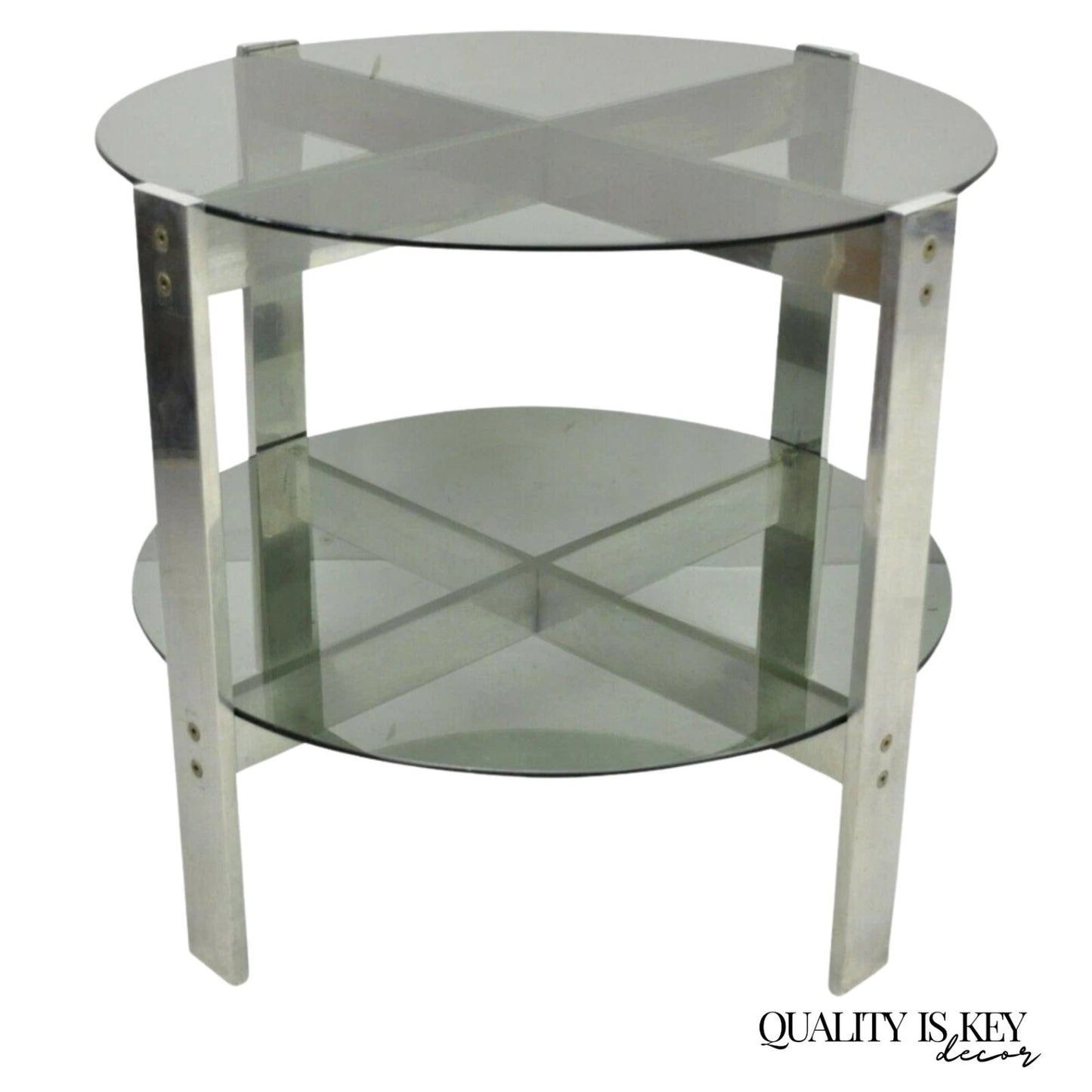 Vintage Mid Century Modern Round Smoked Glass 2 Tier Aluminum Base Side Table