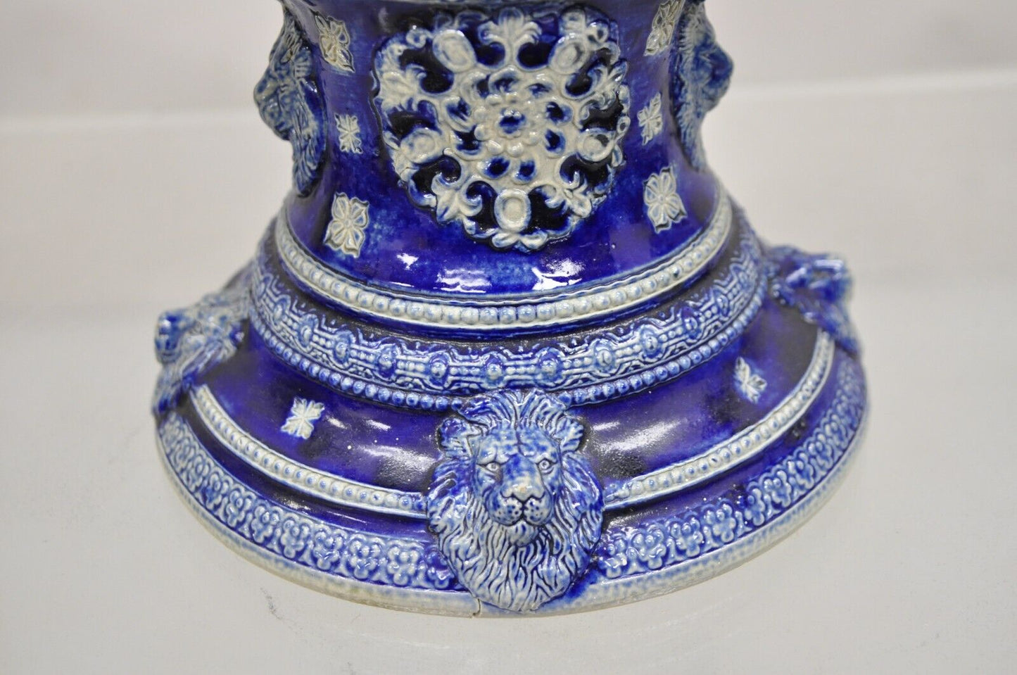 Antique Westerwald German Cobalt Blue Figural Stoneware Pottery Jug Pitcher