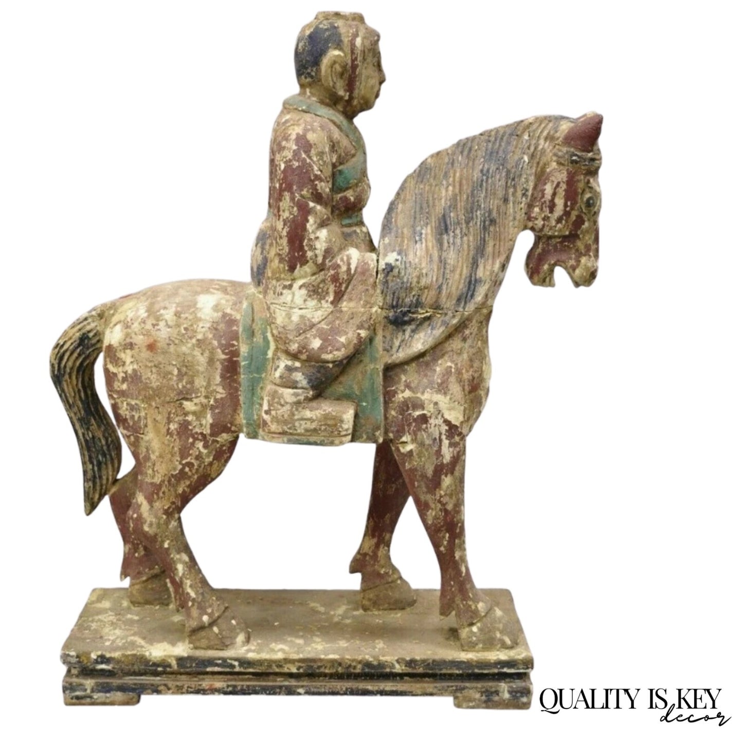 Chinese Polychrome Carved Wood Tang Horse and Rider Statue Sculpture