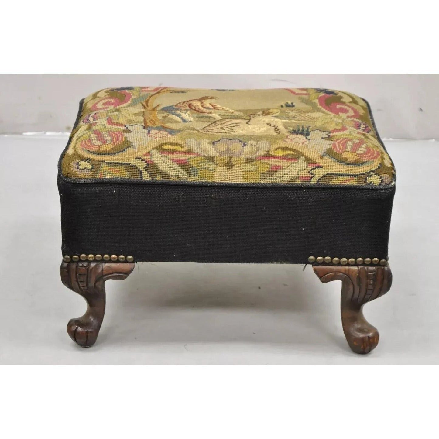 Antique French Figural Needlepoint Box Footstool Ottoman on Mahogany Legs