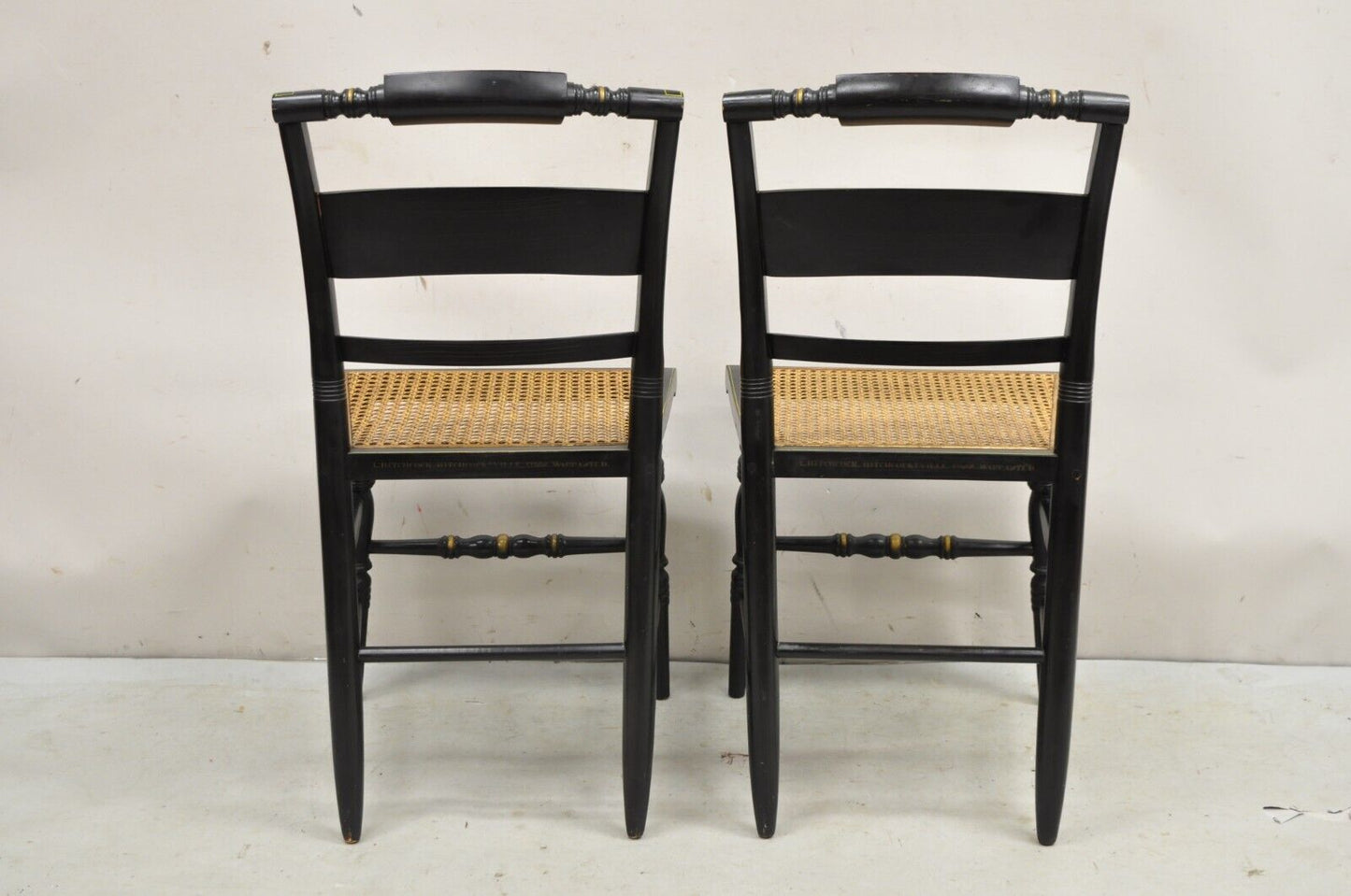 Vintage L. Hitchcock Black Stencil Harvest Decorated Cane Side Chair - a Pair