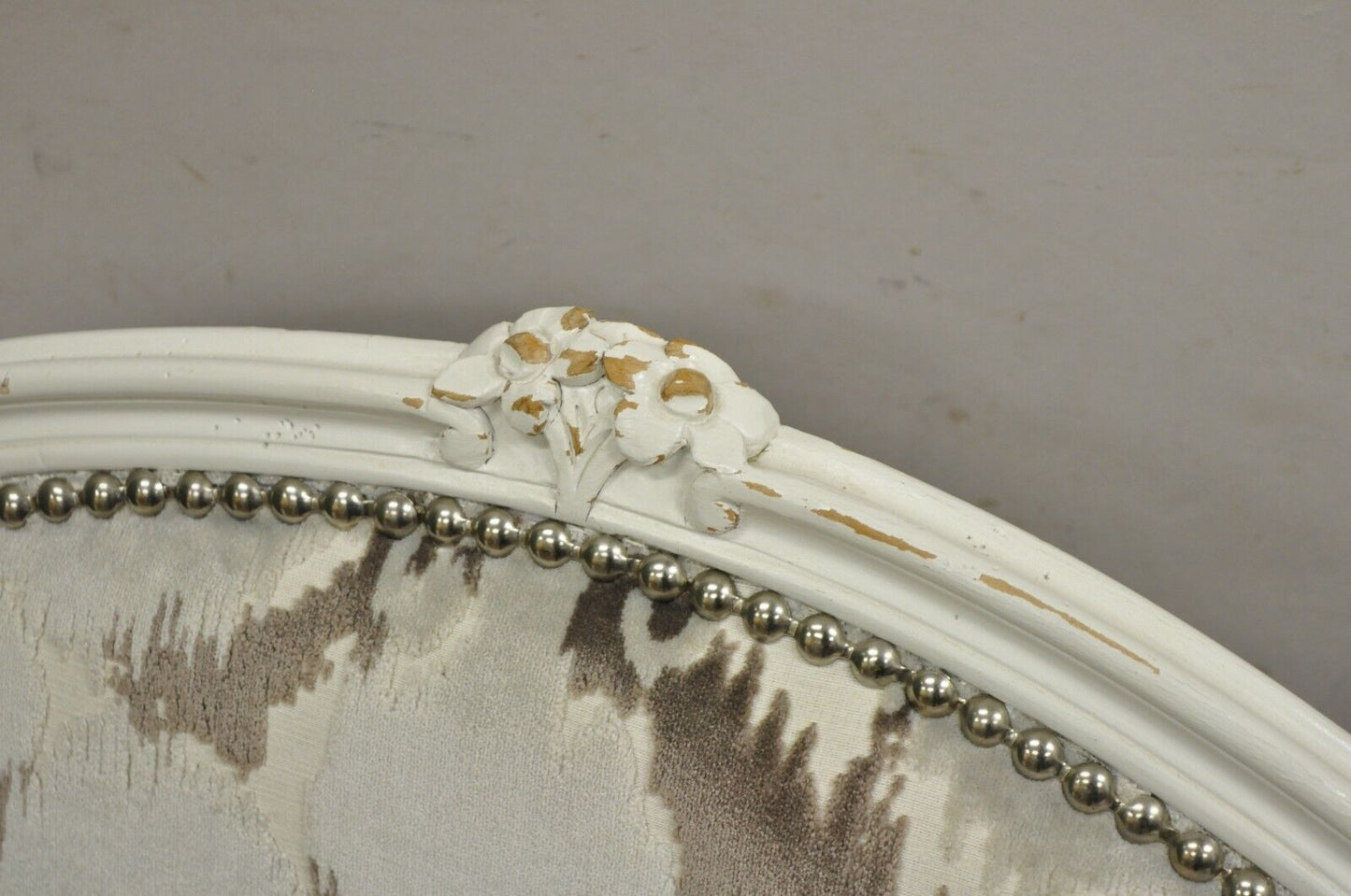 Vintage French Country Louis XV Style White Distress Painted Arm Chairs - a Pair