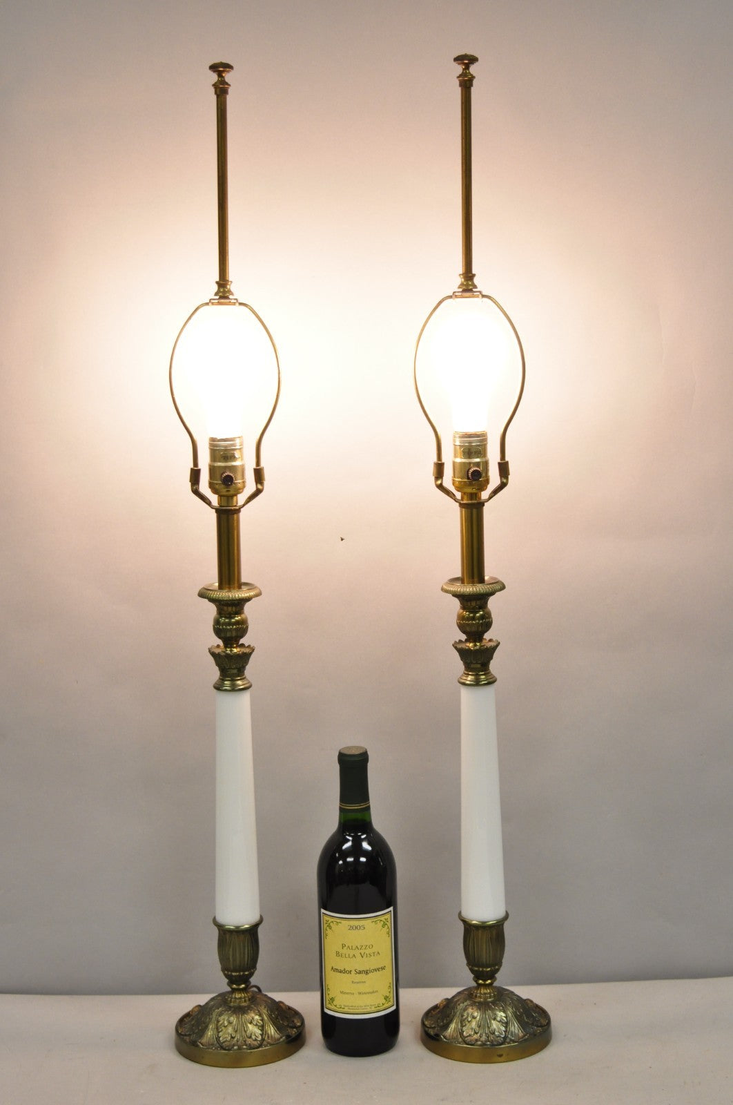 Vintage Stiffel White Glass Column French Hollywood Regency Table Lamps - a Pair