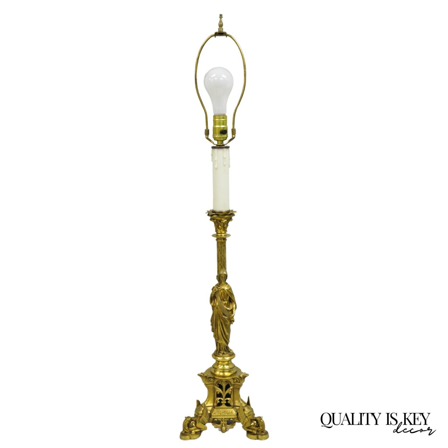 Antique French Empire Renaissance Bronze Maiden Candlestick Table Lamp