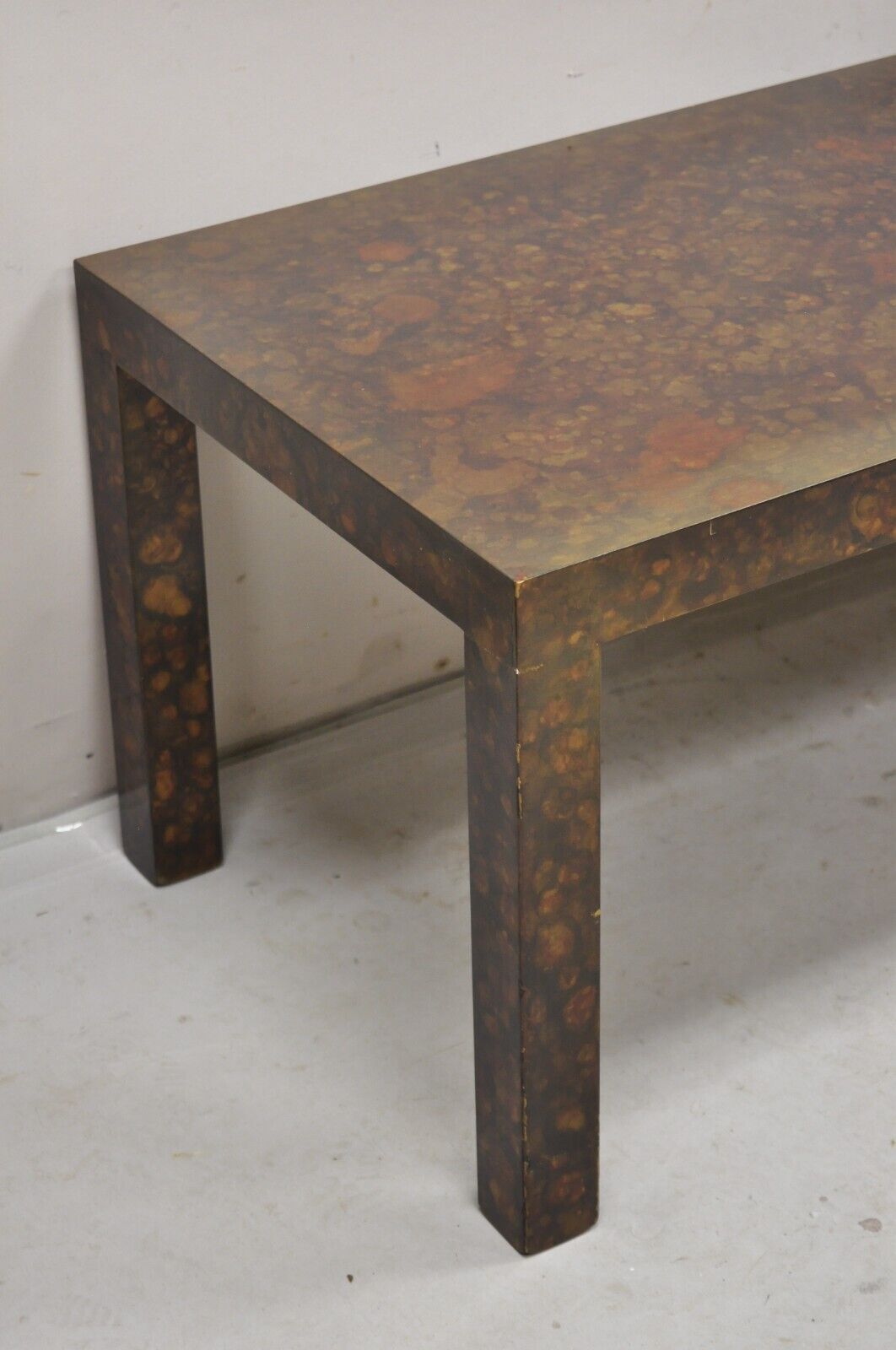 Vtg Mid Century Modern Brown Tortoiseshell Lacquer Parsons Style 54" Bench Table