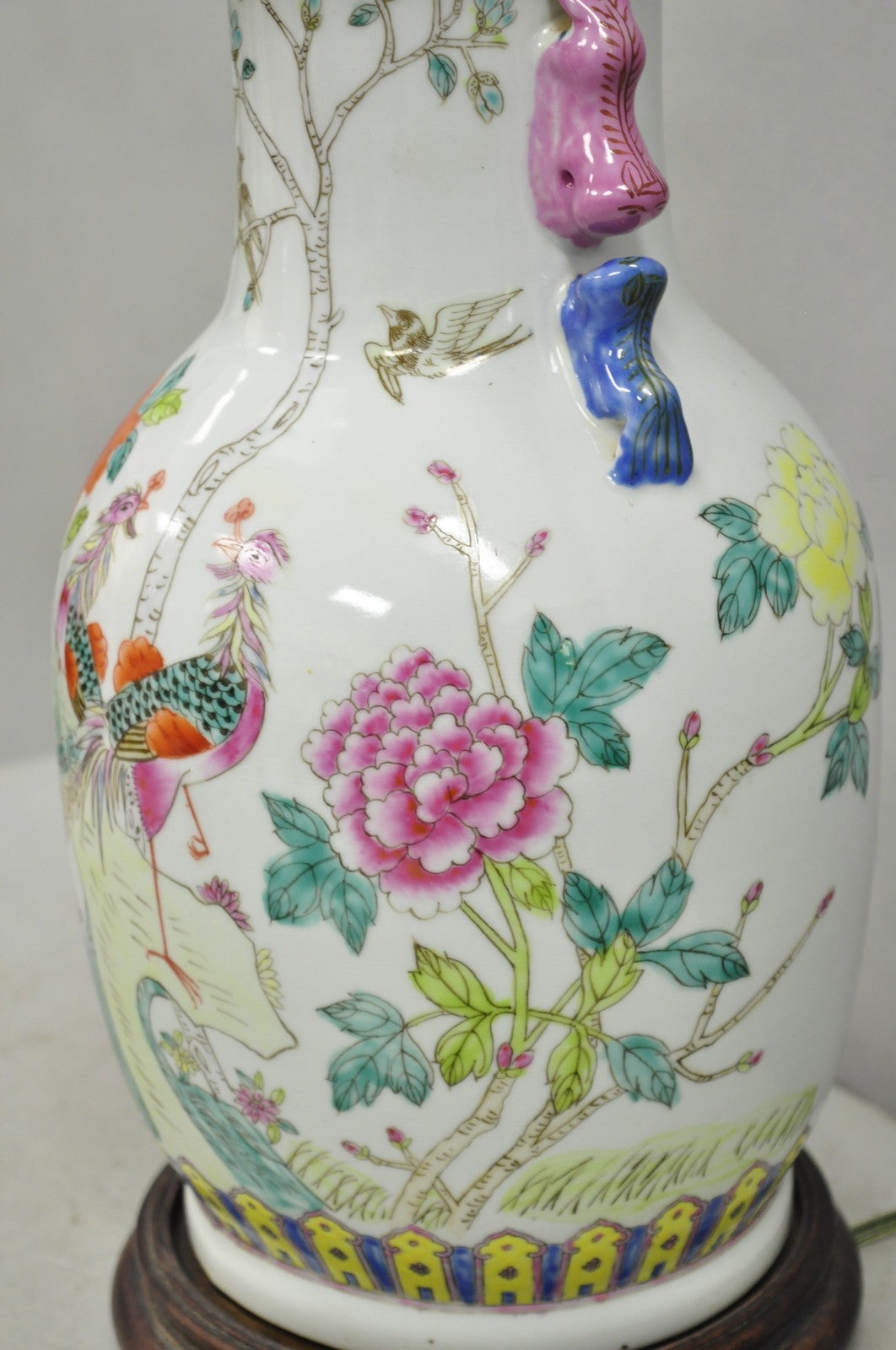 Vintage Oriental Porcelain Jardiniere Vase Bird and Flower Painted Table Lamp