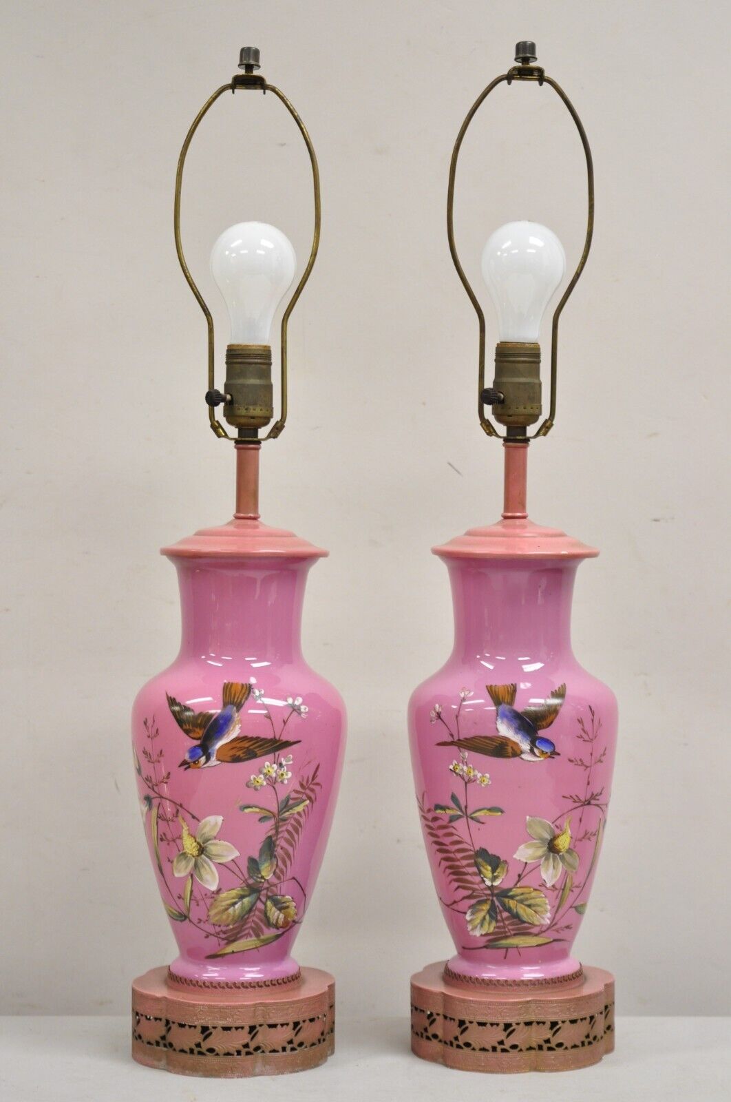 Vintage Chinoiserie Pink Porcelain Japanese Bird Painted Table Lamps - a Pair