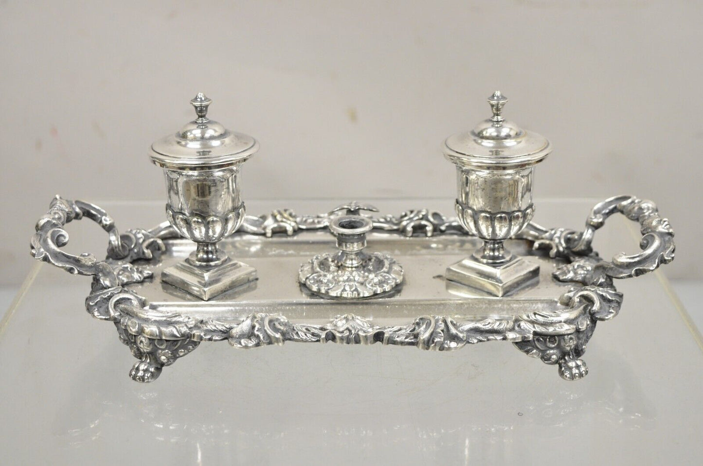 Vintage French Renaissance Silver Plated Figural Italian Inkstand Desk Inkwell