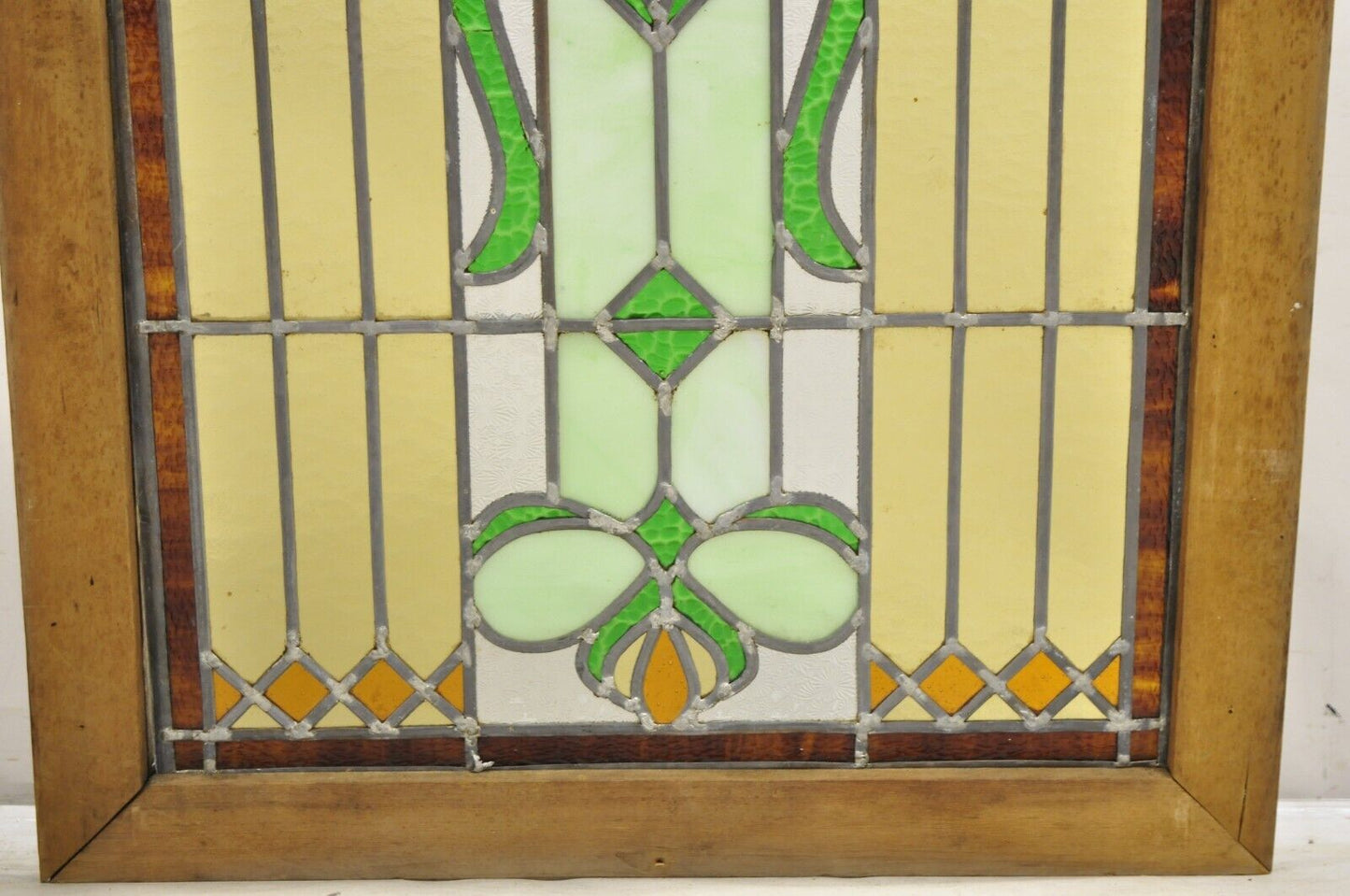 Antique Victorian Leaded Stained Glass Green Amber Tortoise Window in Wood Frame
