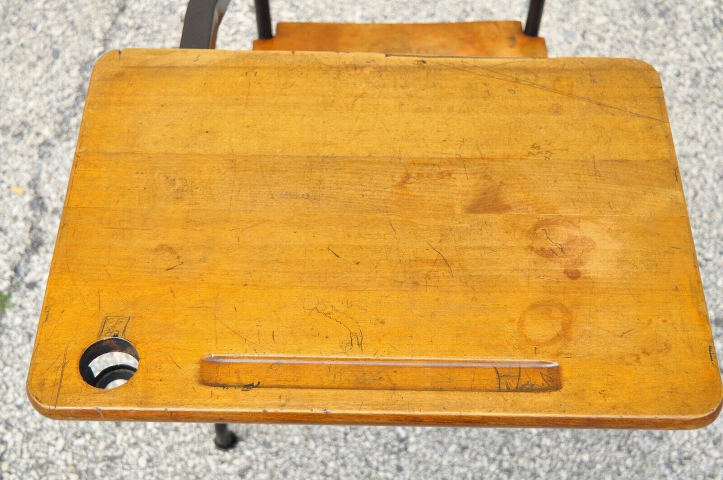 Antique American Industrial Iron and Maple Childs School Writing Desk